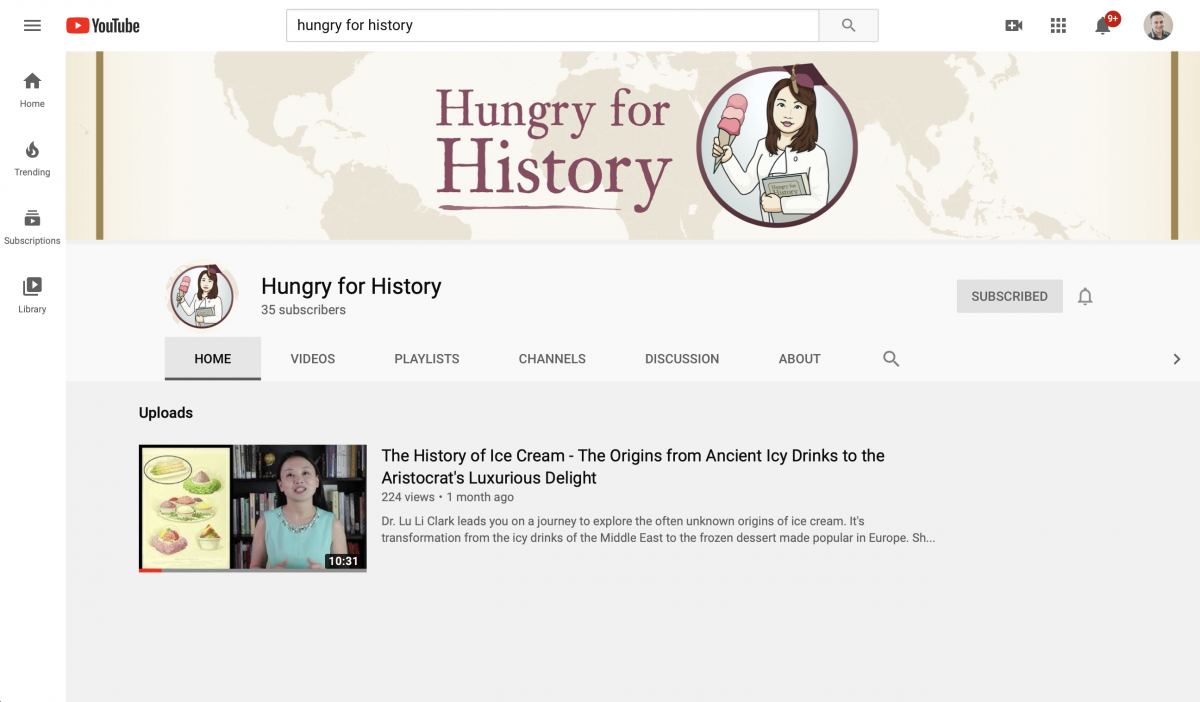 A screenshot of the fresh new Hungry for History YouTube channel