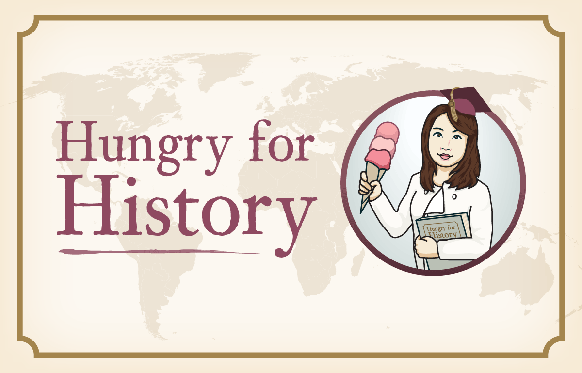 Hungry for History logo over an antique world map