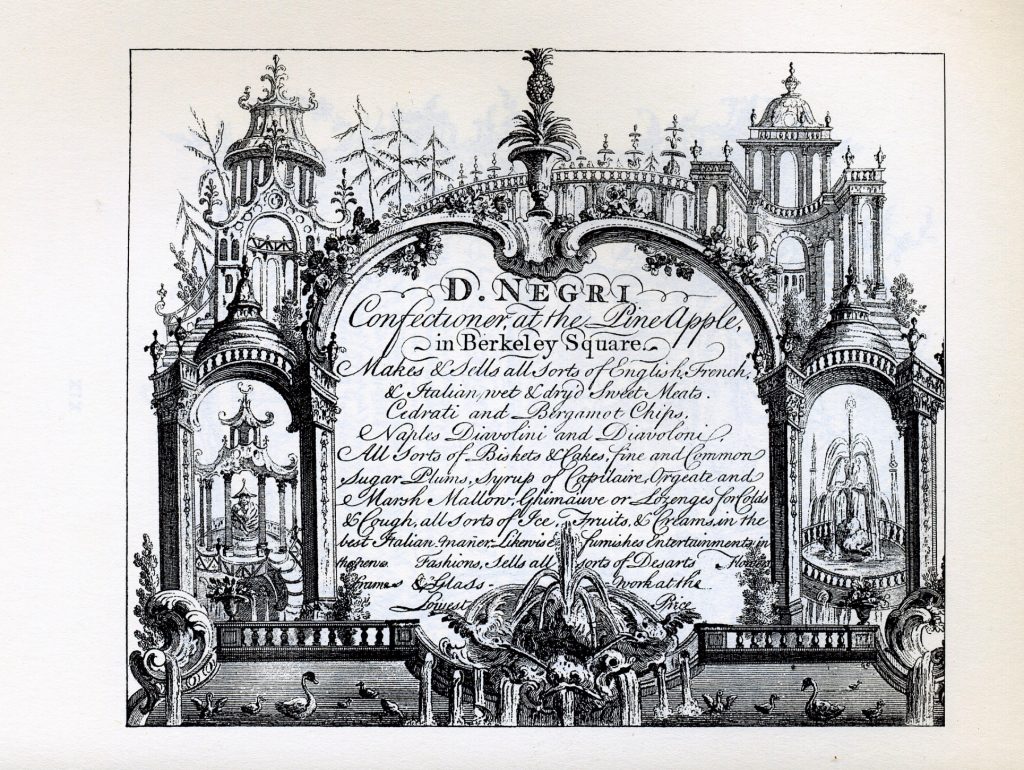 An illustrated advertisement for D. Negri's confectionery shop at the Pineapple in Berkeley Square of London.