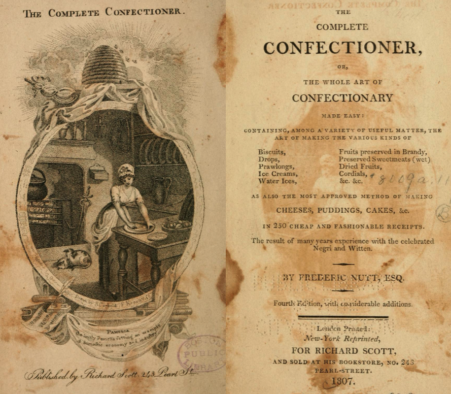 A photograph of the first edition of The Complete Confectioner printed in the US.